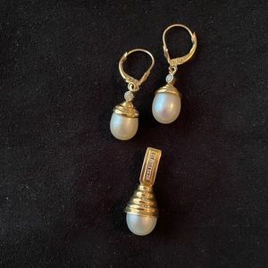 Pearl drop earrings and matching pendant with Diamond accents